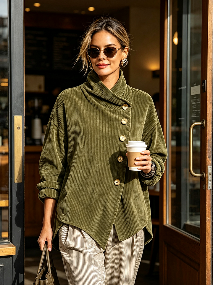 Damen-Cord-Sweatshirt mit asymmetrischer Knopfleiste und drapiertem Schalkragen