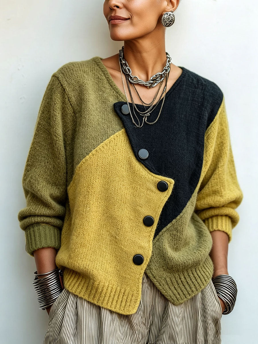 Damen-Strickpullover mit Farbblöcken und asymmetrischen Knöpfen, lässige Passform