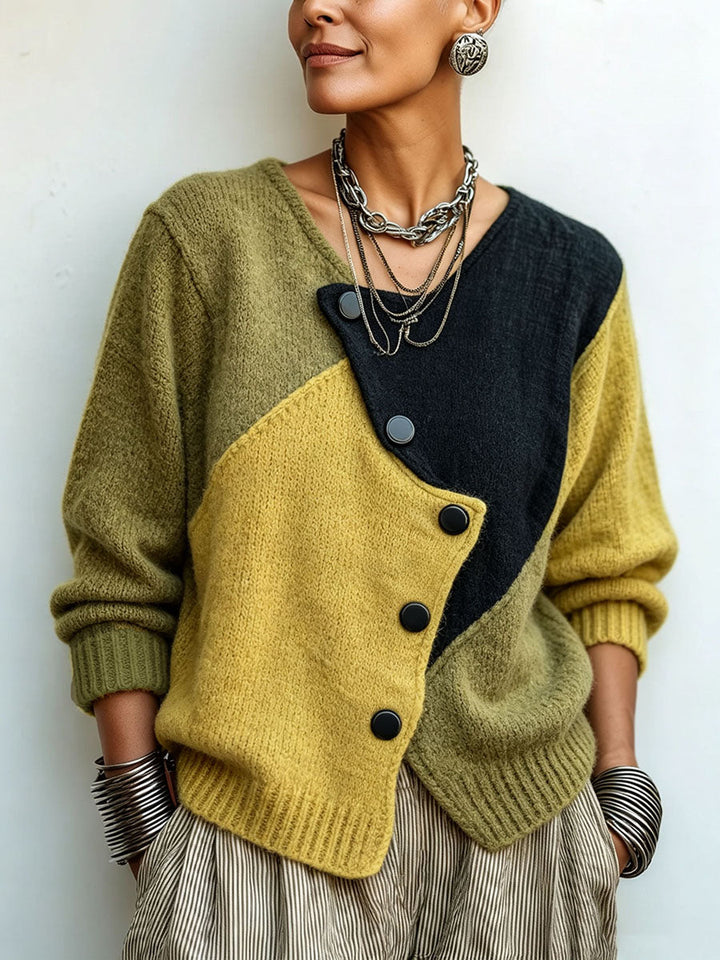 Damen-Strickpullover mit Farbblöcken und asymmetrischen Knöpfen, lässige Passform