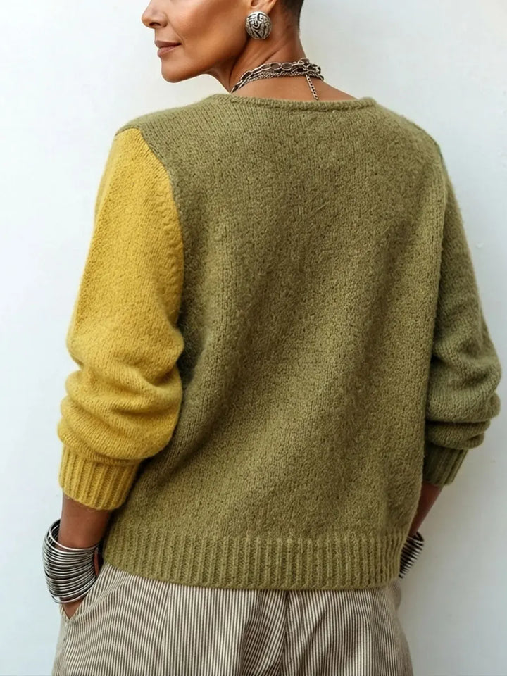 Damen-Strickpullover mit Farbblöcken und asymmetrischen Knöpfen, lässige Passform