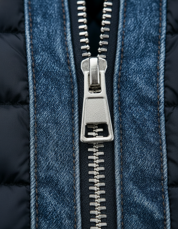 Gesteppte Herren-Jeansjacke mit Stehkragen und Reissverschluss vorn, blau