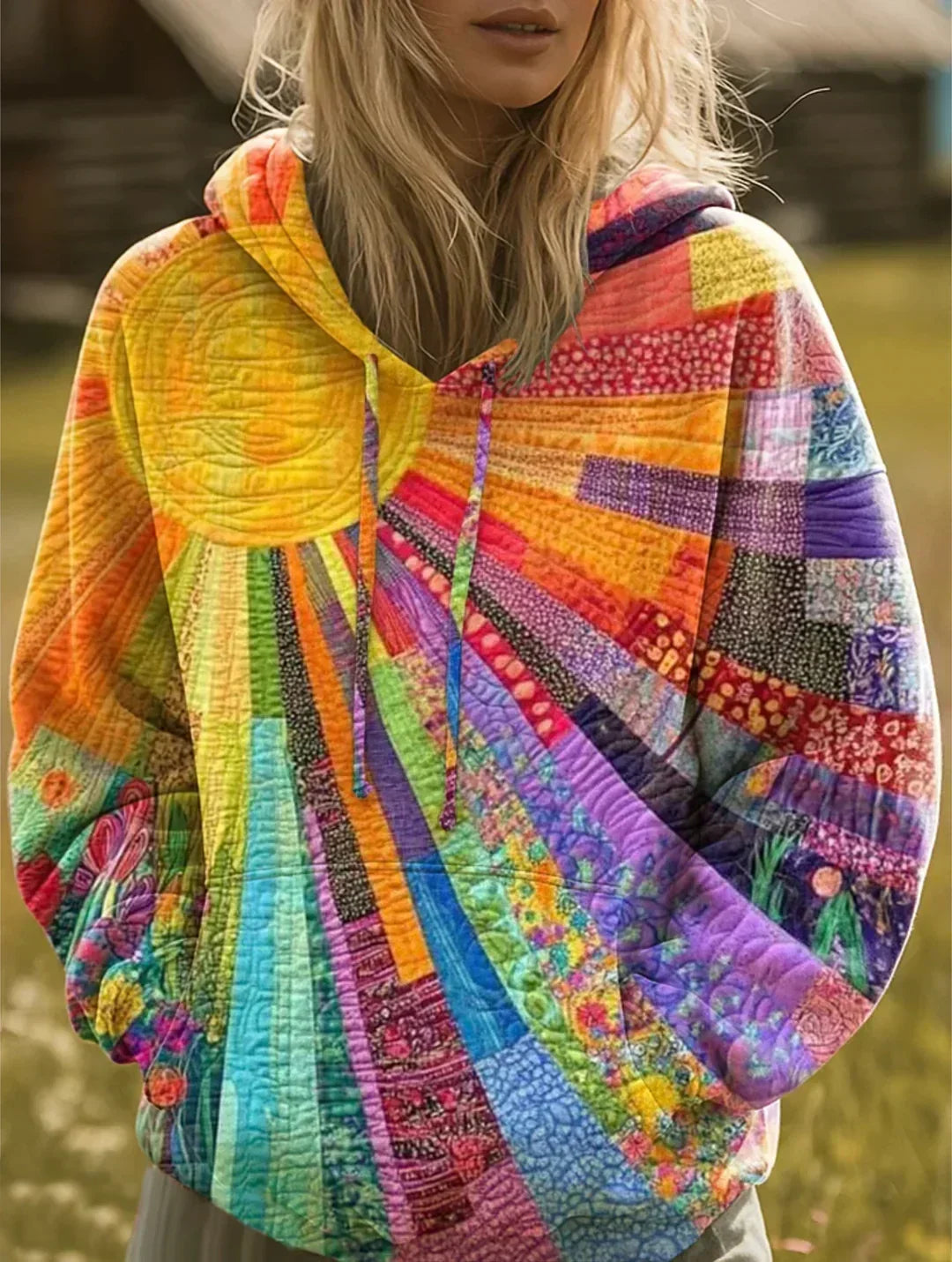 Böhmischer, mehrfarbiger Patchwork-Hoodie für Damen