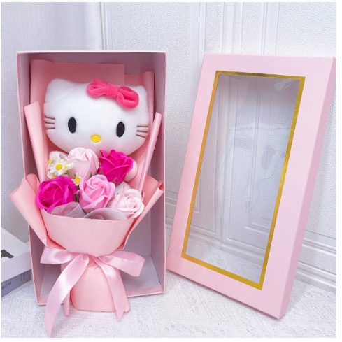 Bunter Kunstblumenstrauß mit Kitty-Figuren für Geschenke und Deko