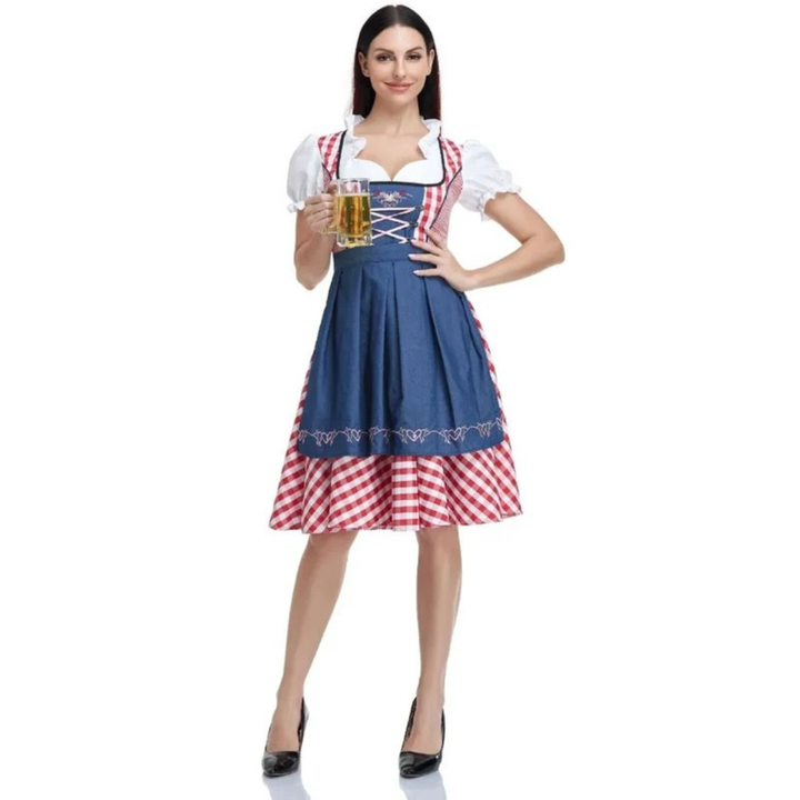 Damen-Karokleid mit Schnürmieder und Schürze, Oktoberfest Midi