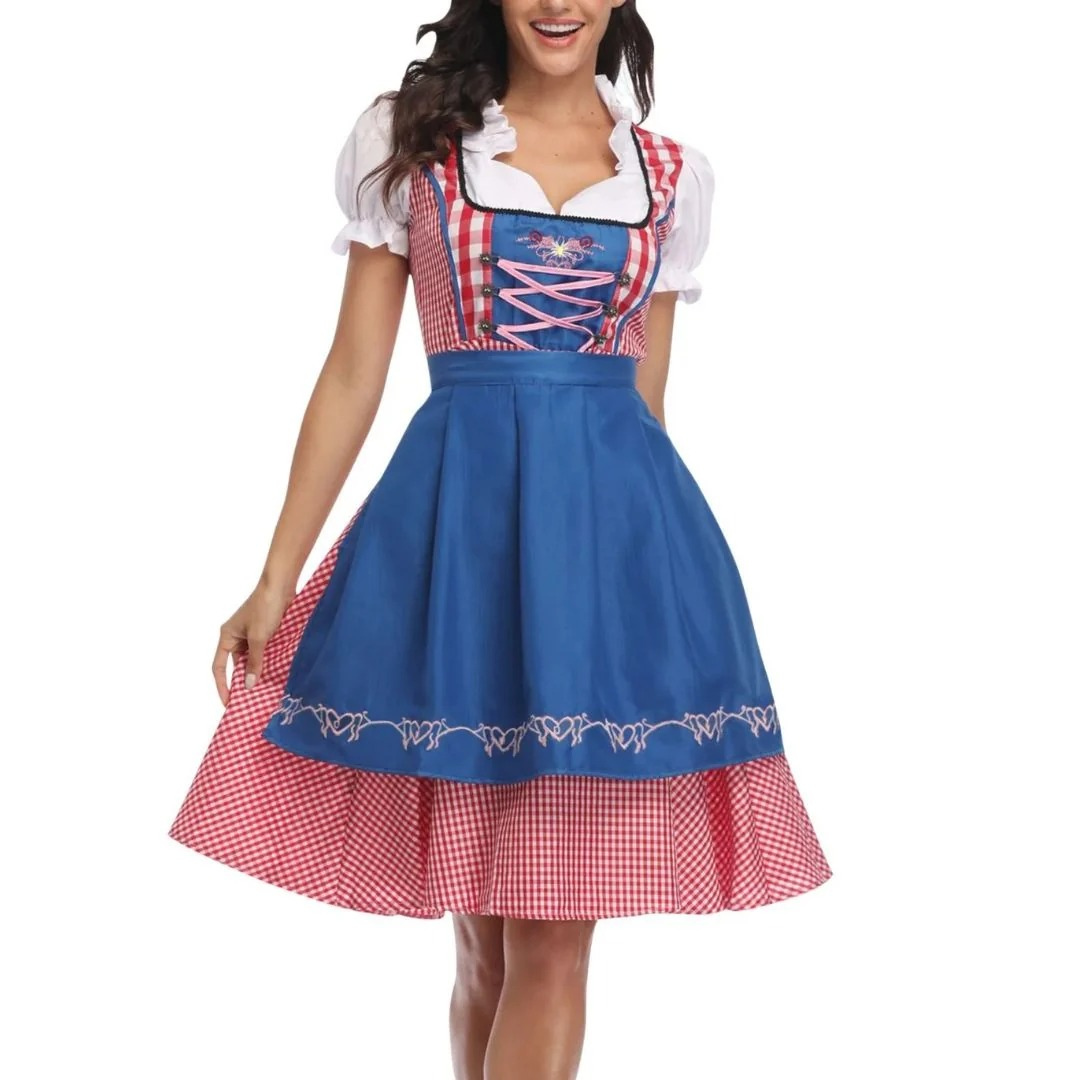Damen-Karokleid mit Schnürmieder und Schürze, Oktoberfest Midi