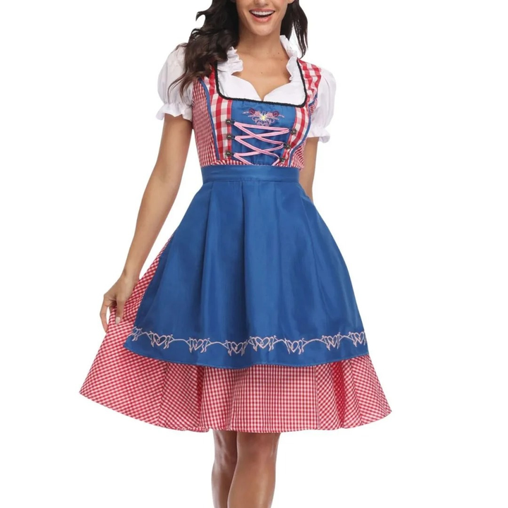 Damen-Karokleid mit Schnürmieder und Schürze, Oktoberfest Midi