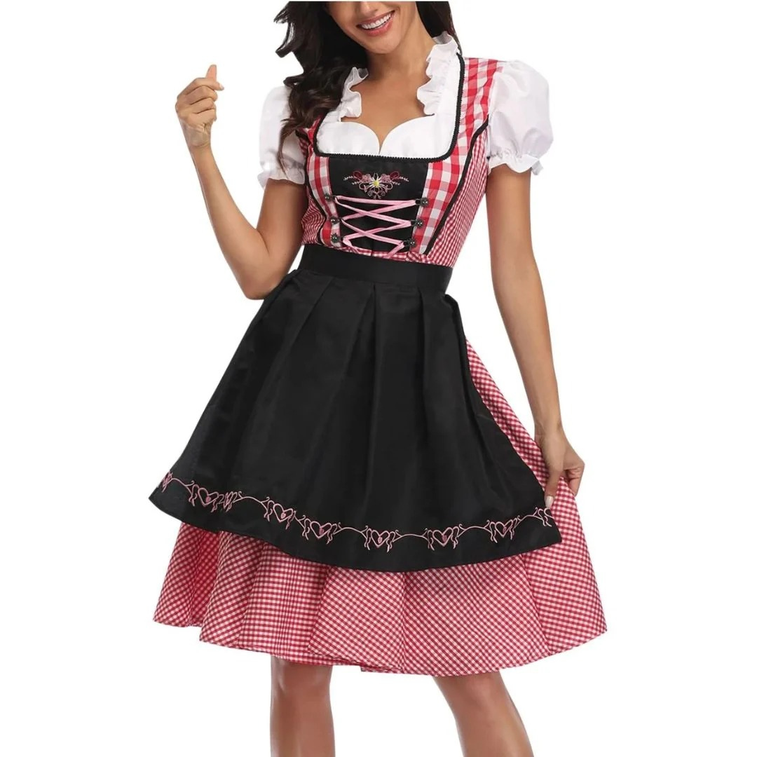 Damen-Karokleid mit Schnürmieder und Schürze, Oktoberfest Midi