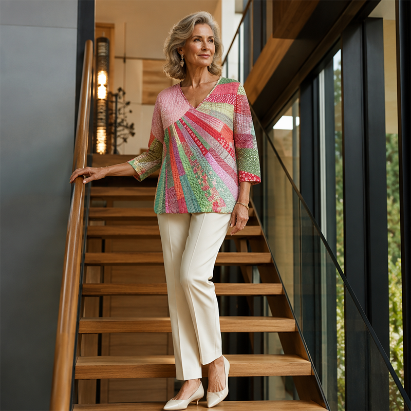 Damen Retro-Patchwork-Bluse mit V-Ausschnitt