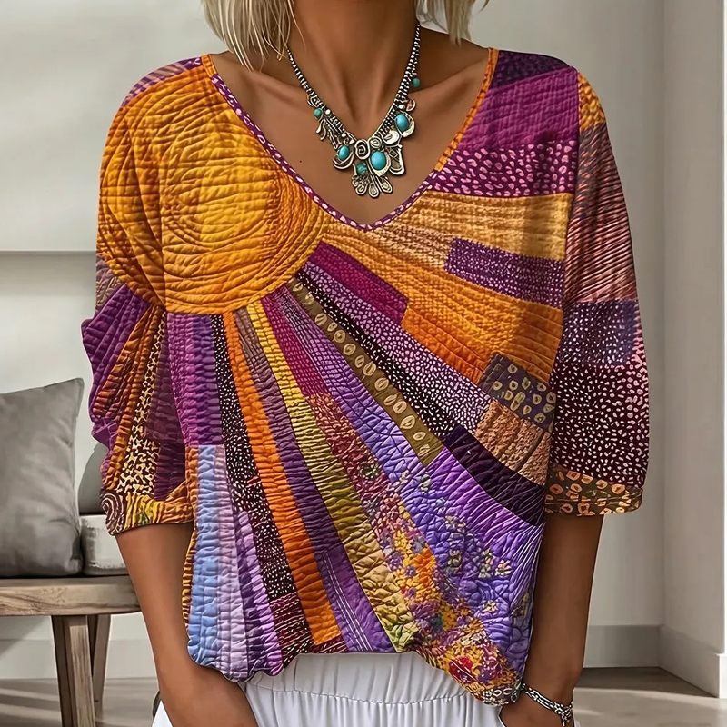 Damen Retro-Patchwork-Bluse mit V-Ausschnitt