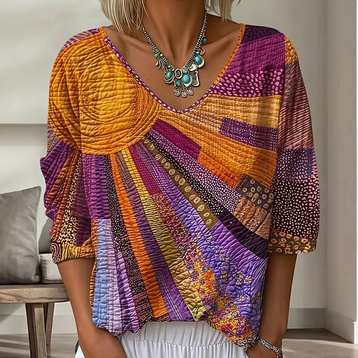 Damen Retro-Patchwork-Bluse mit V-Ausschnitt