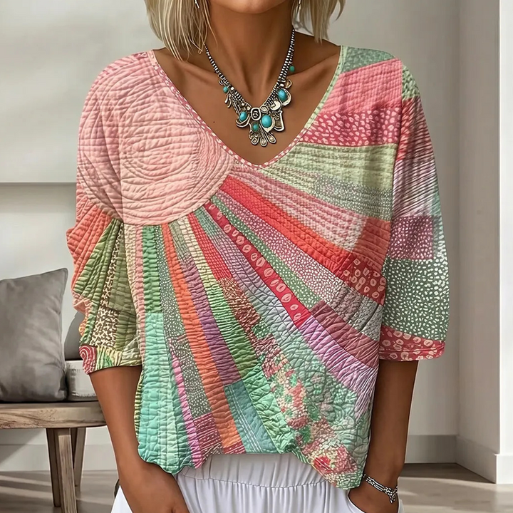 Damen Retro-Patchwork-Bluse mit V-Ausschnitt