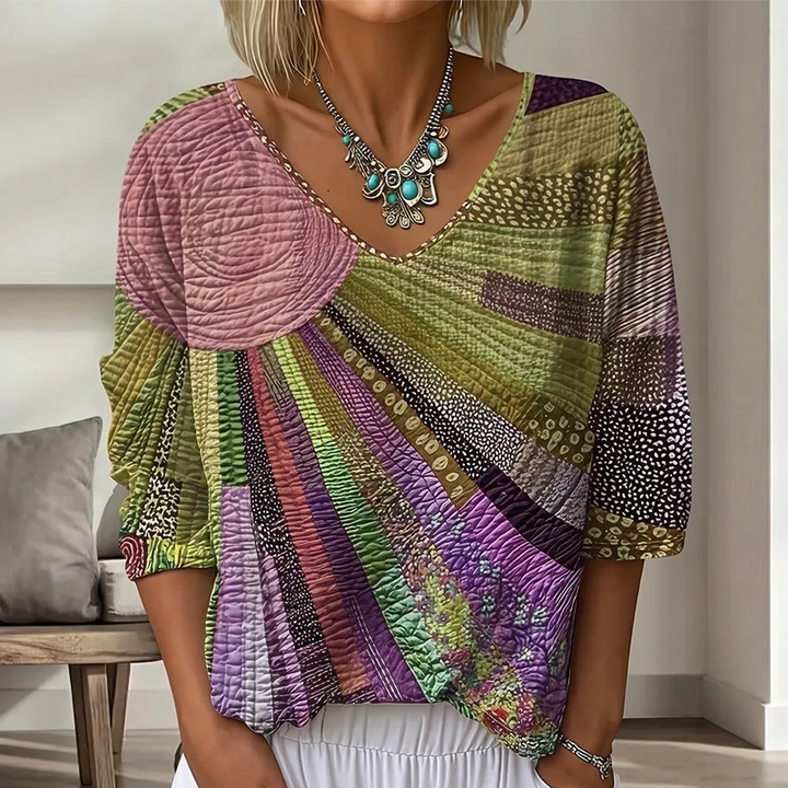Damen Retro-Patchwork-Bluse mit V-Ausschnitt