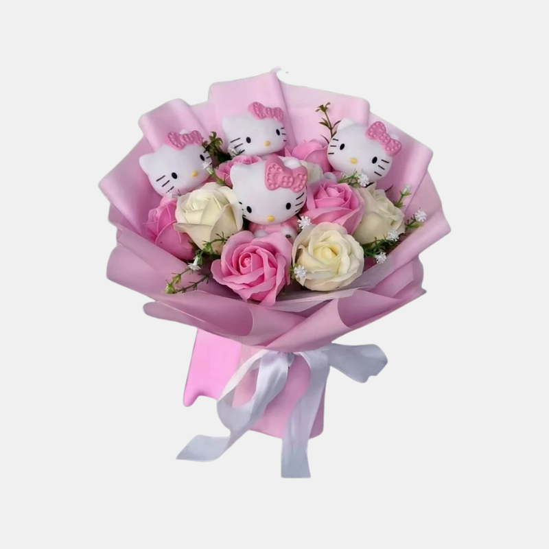 Bunter Kunstblumenstrauß mit Kitty-Figuren für Geschenke und Deko