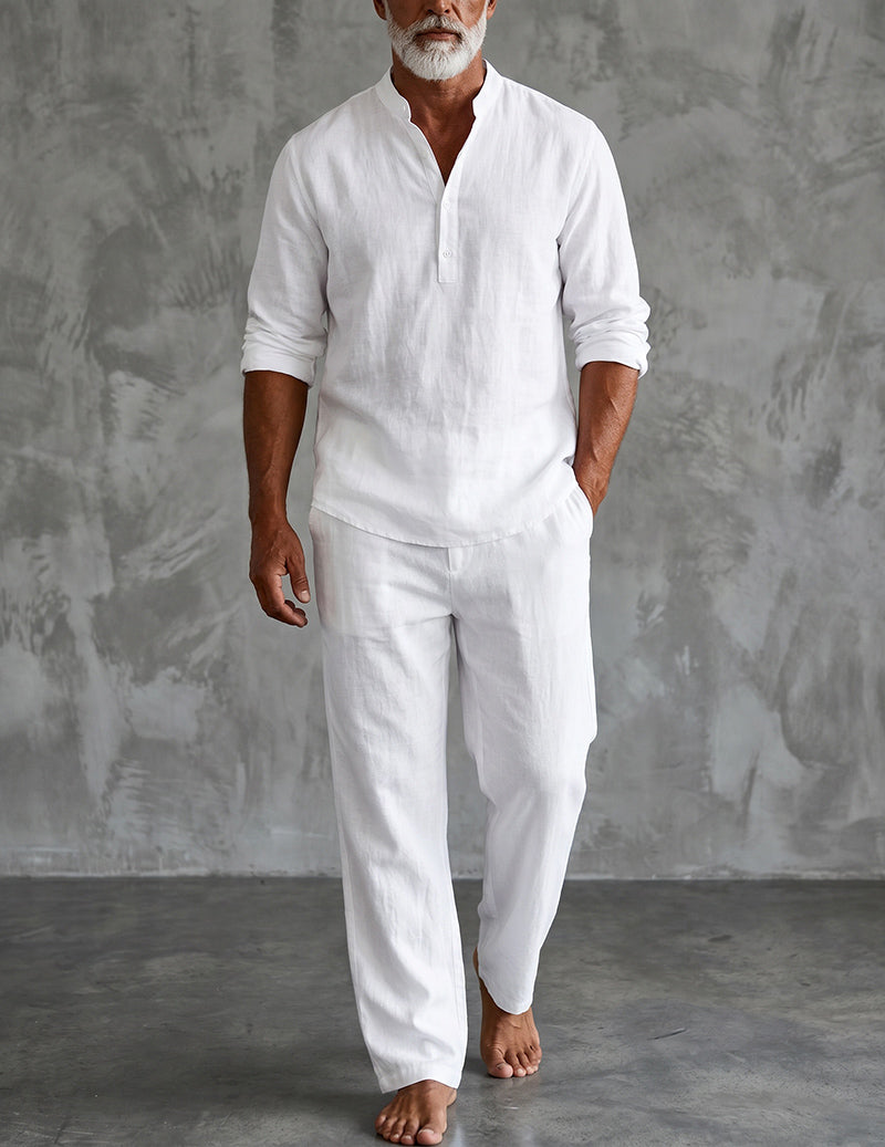 Herren-Leinen-Henley-Hemd und entspannte Hose Zweiteiliges Set