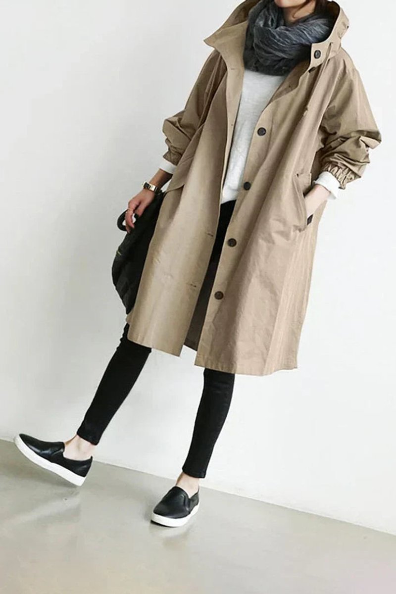 Damen-Longline-Trenchcoat mit Kapuze, wasserdicht, Oversized-Passform