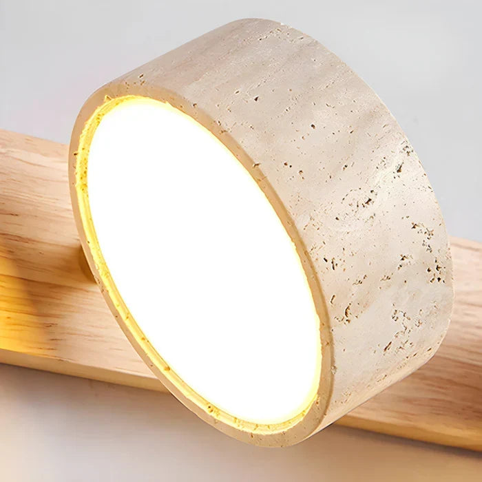 Moderne LED-Wandleuchte mit drehbaren Steinschirmen und Holzsockel